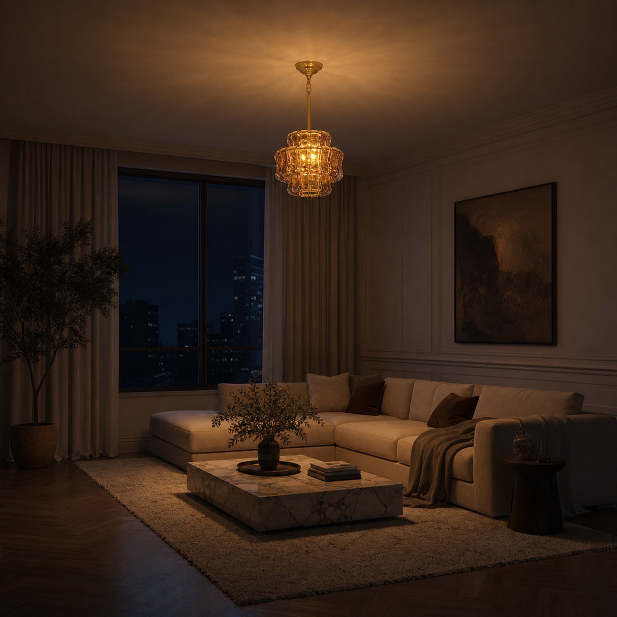 Amber glass pendant lighting a calm evening living room
