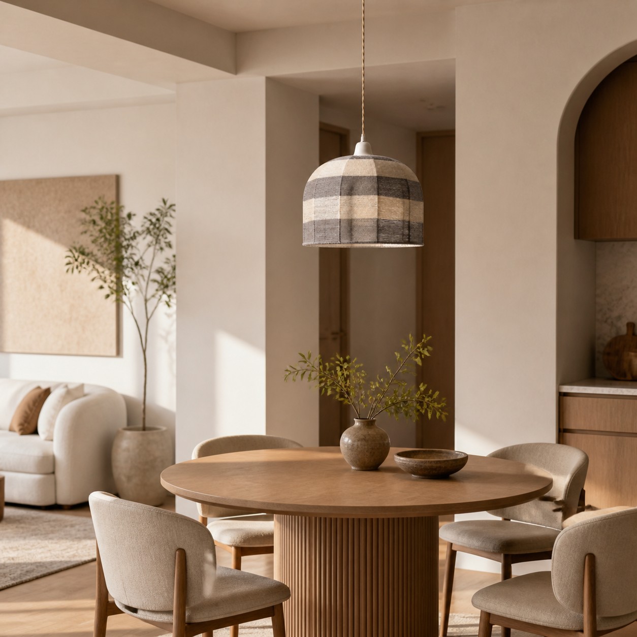 Patchwork cotton pendant light above a round dining table