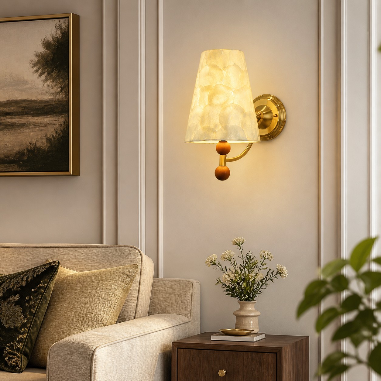 Capiz shell wall sconce illuminating a classic living room wall