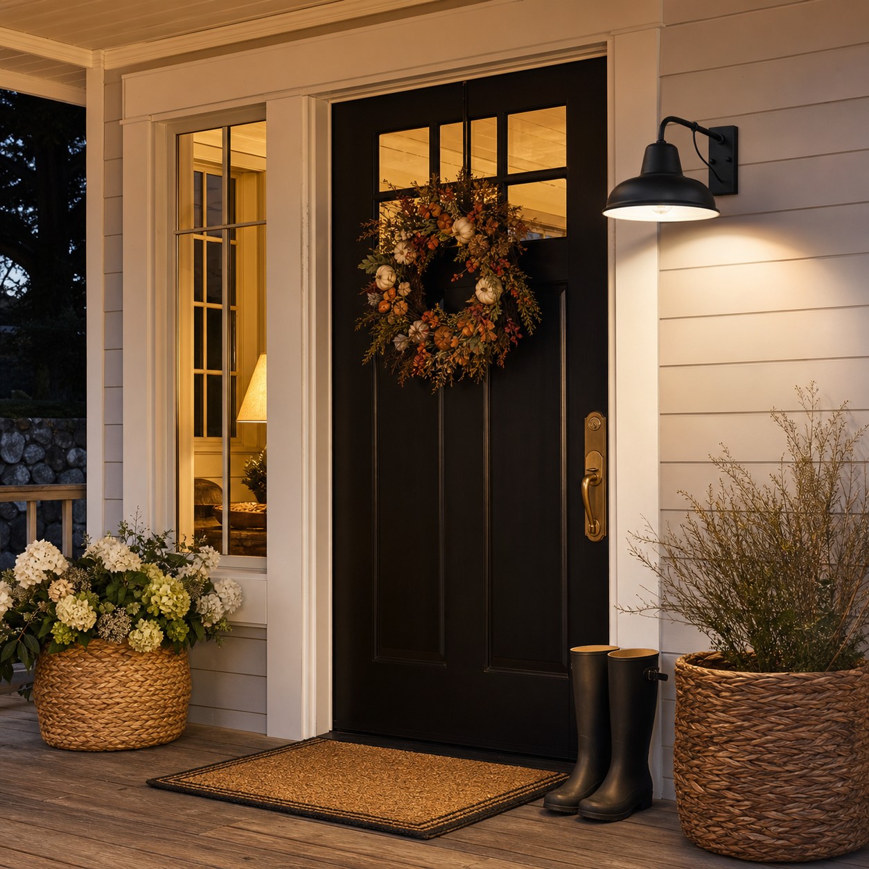Vintage metal outdoor wall sconce installed beside an entry door