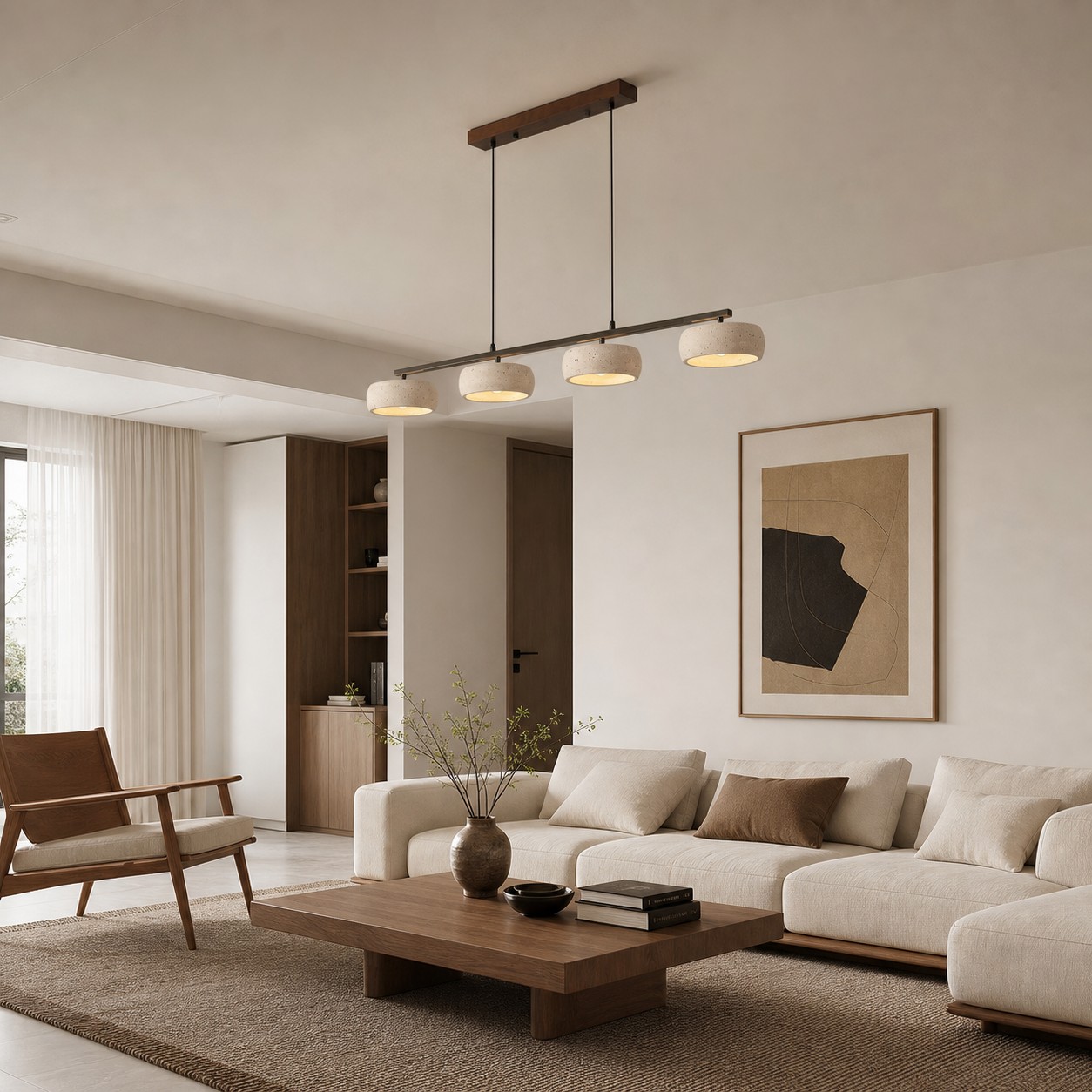Warm lounge layout with table-centered suspension