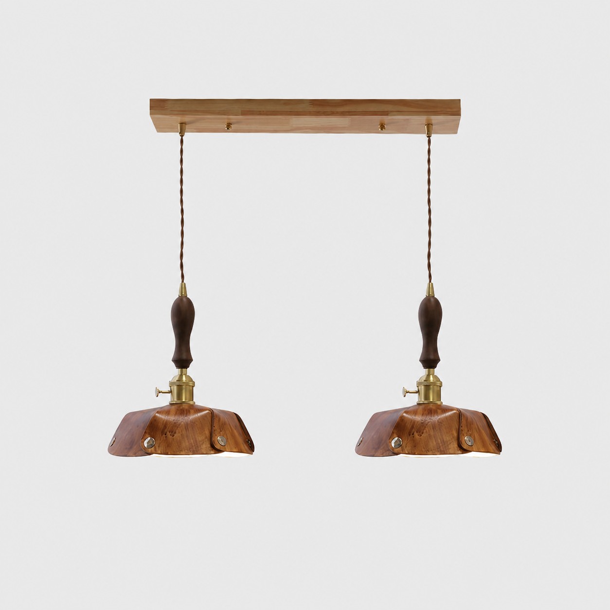 2-Light Linear Pendant Vintage Brown Leather Bar 50 cm / 19.7 in; Shade Dia. 25 cm / 9.8 in