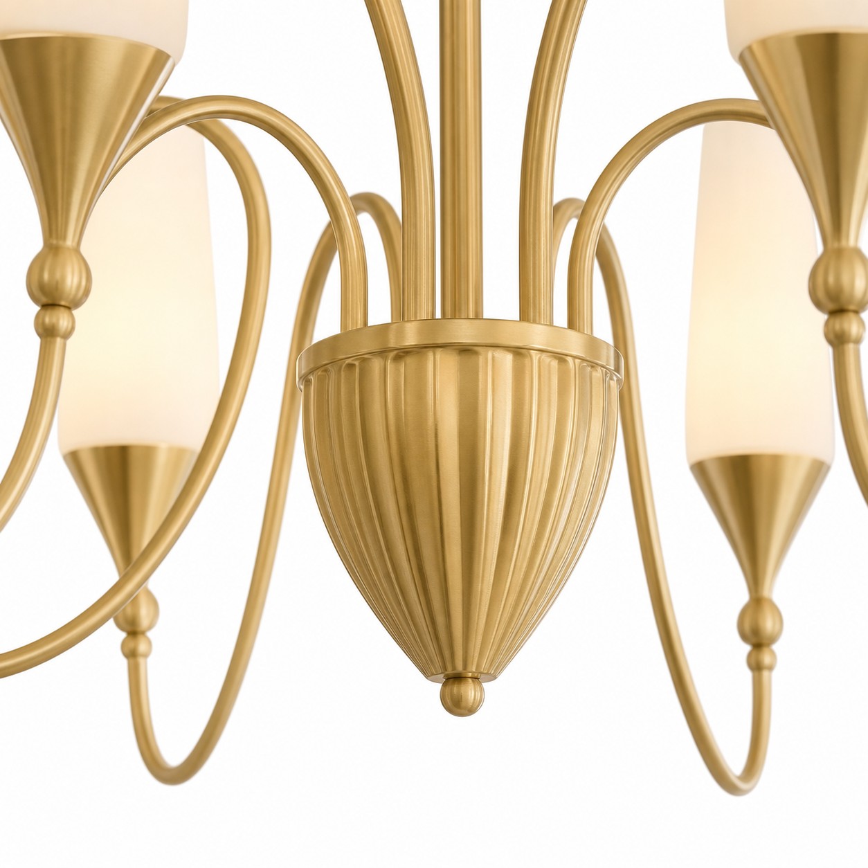 Fluted center cup and curved copper-tone chandelier arms