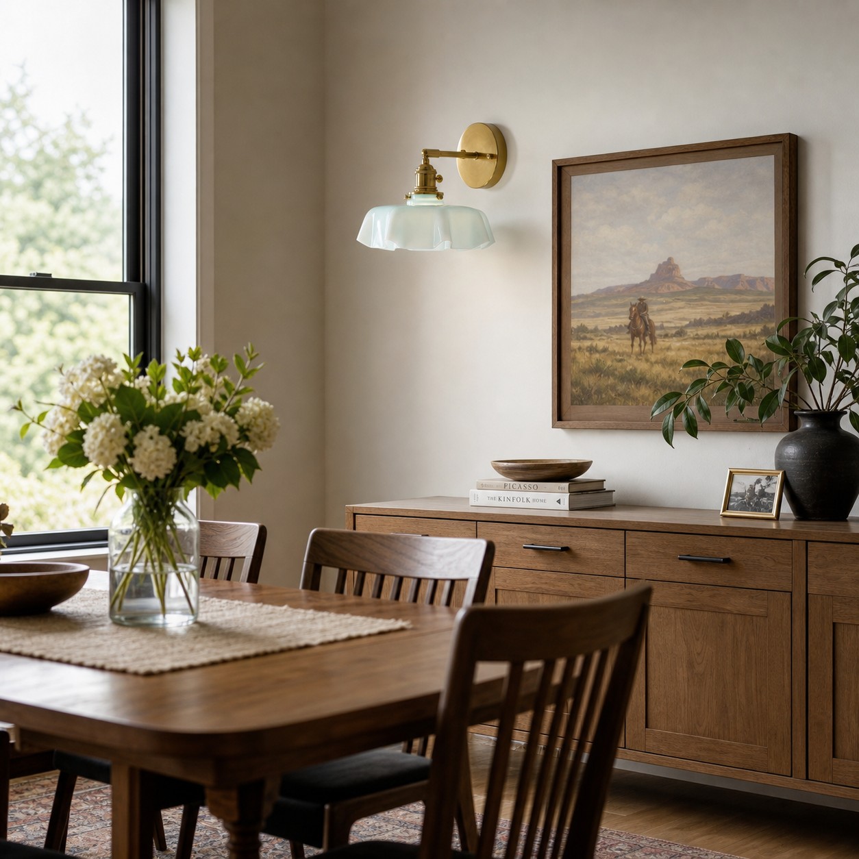 Blue milk glass brass wall sconce in a dining room