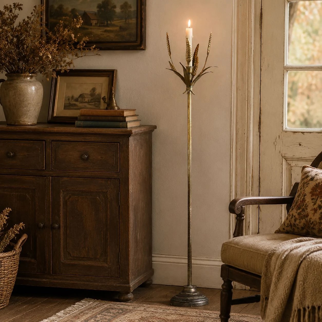 Vintage Brass Wheat Floor Candle Holder