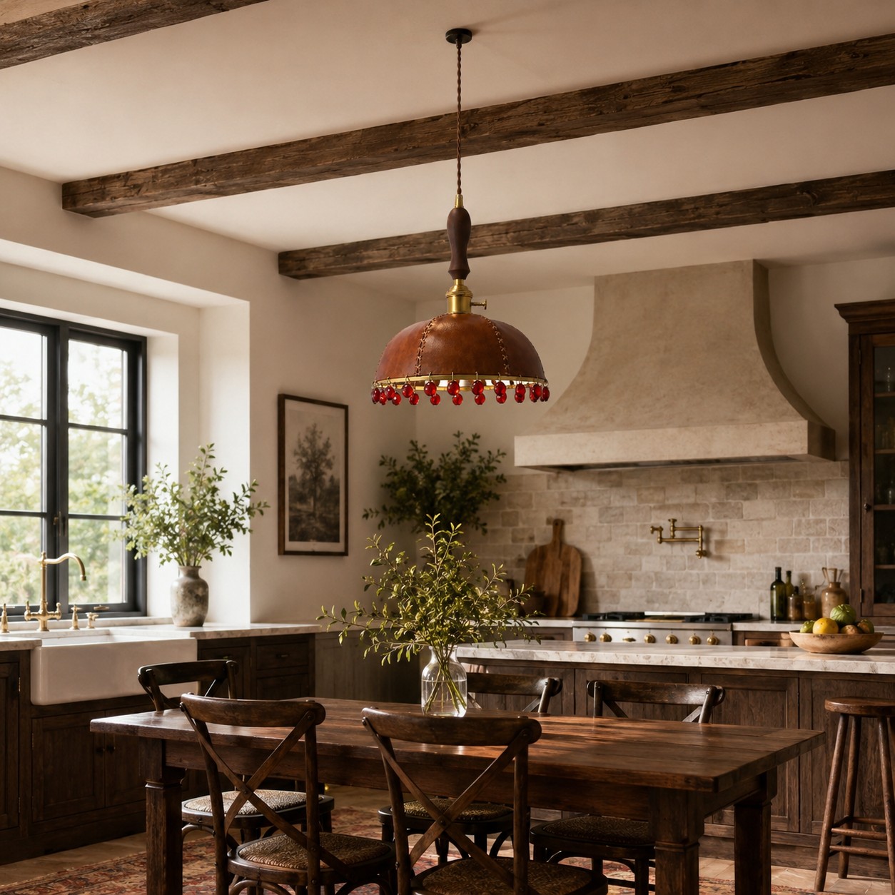 A warm focal point for rooms with wood, leather, and aged metal