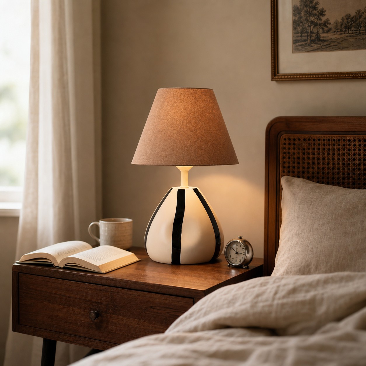 Striped ceramic table lamp on a bedside table