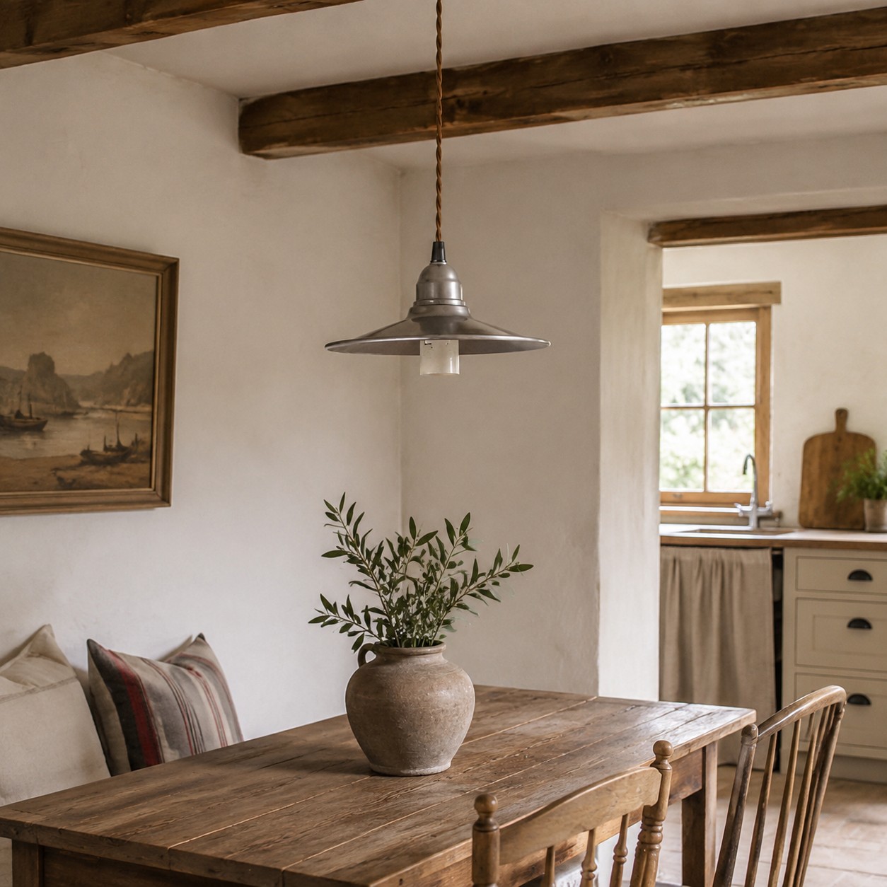 Vintage silver pendant light over dining table