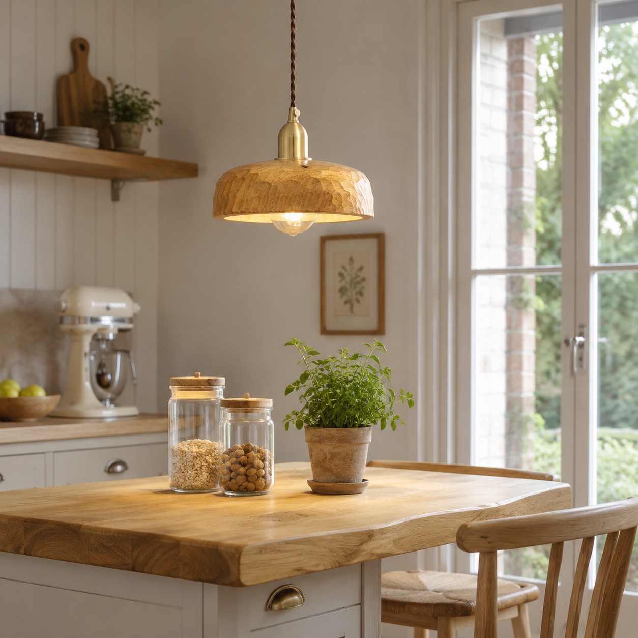 Lámpara colgante de madera natural suspendida sobre una mesa de cocina