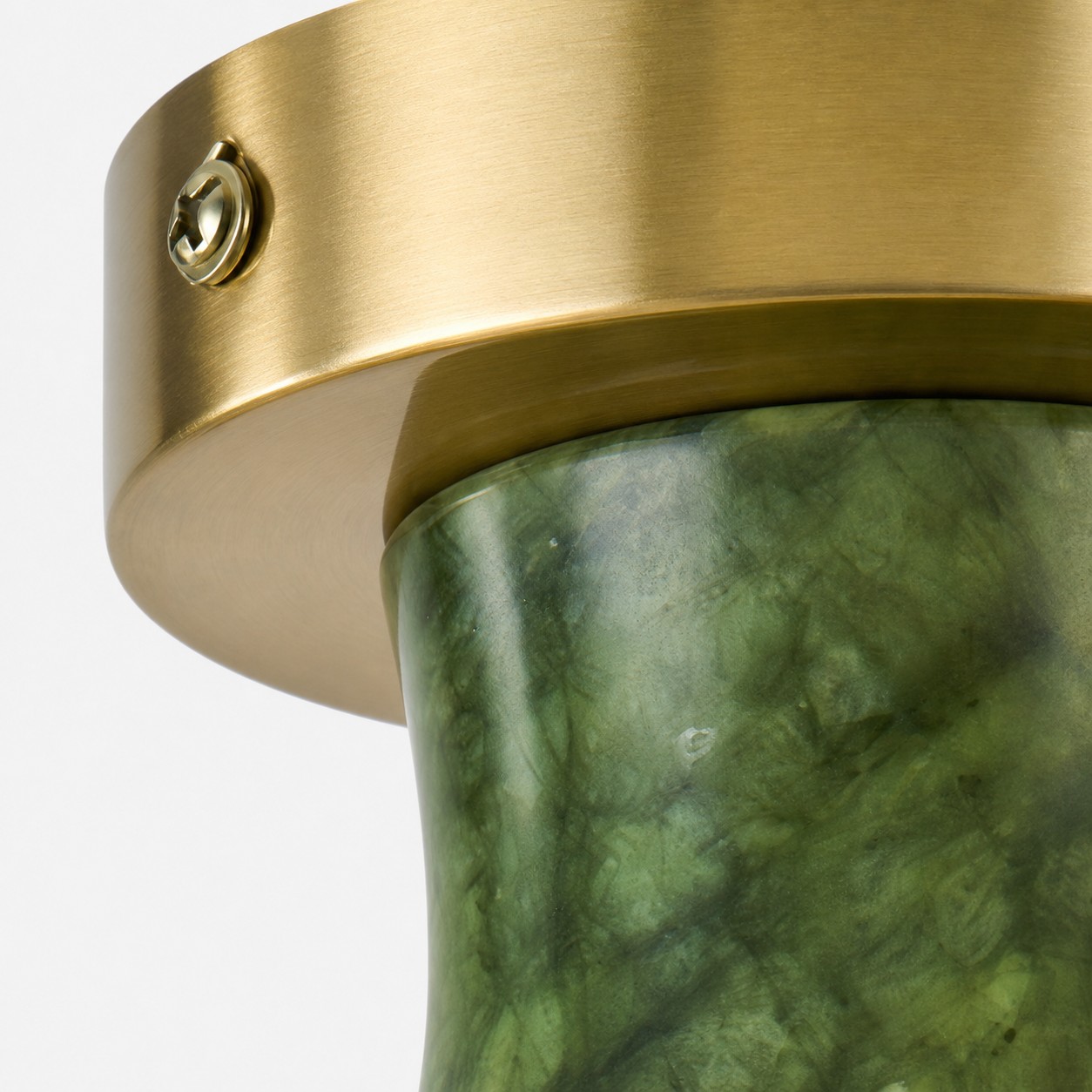Brushed brass ceiling plate and jade shade connection