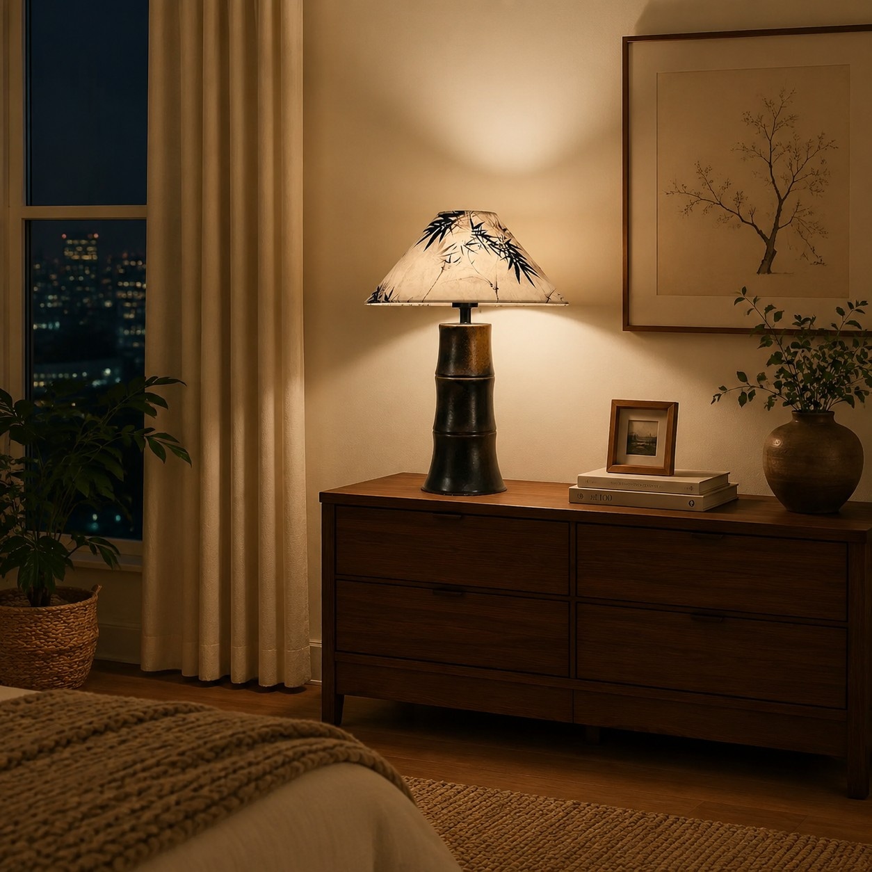 Lampe de table en céramique à abat-jour botanique sur une armoire de chambre la nuit