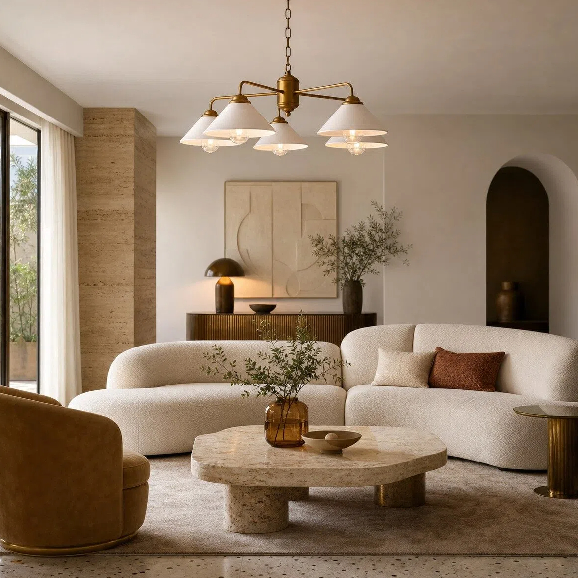 Milk-glass chandelier above a calm modern living room