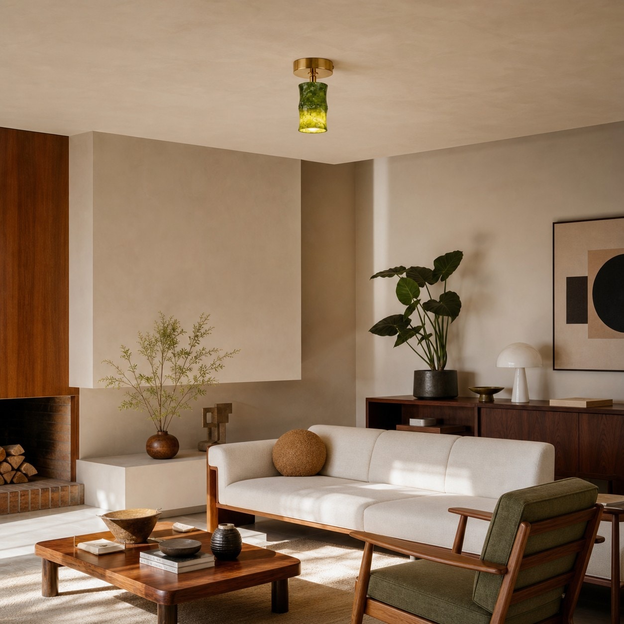 Small jade ceiling light installed in a warm lounge interior