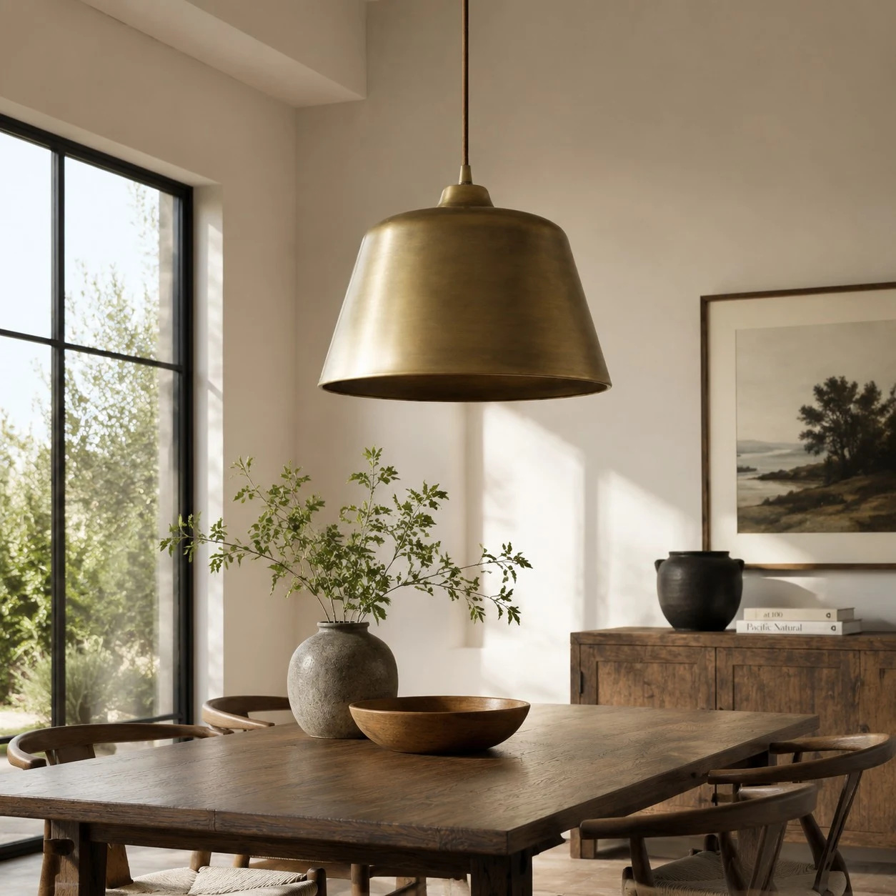 Antique brass pendant lamp suspended above a dining table