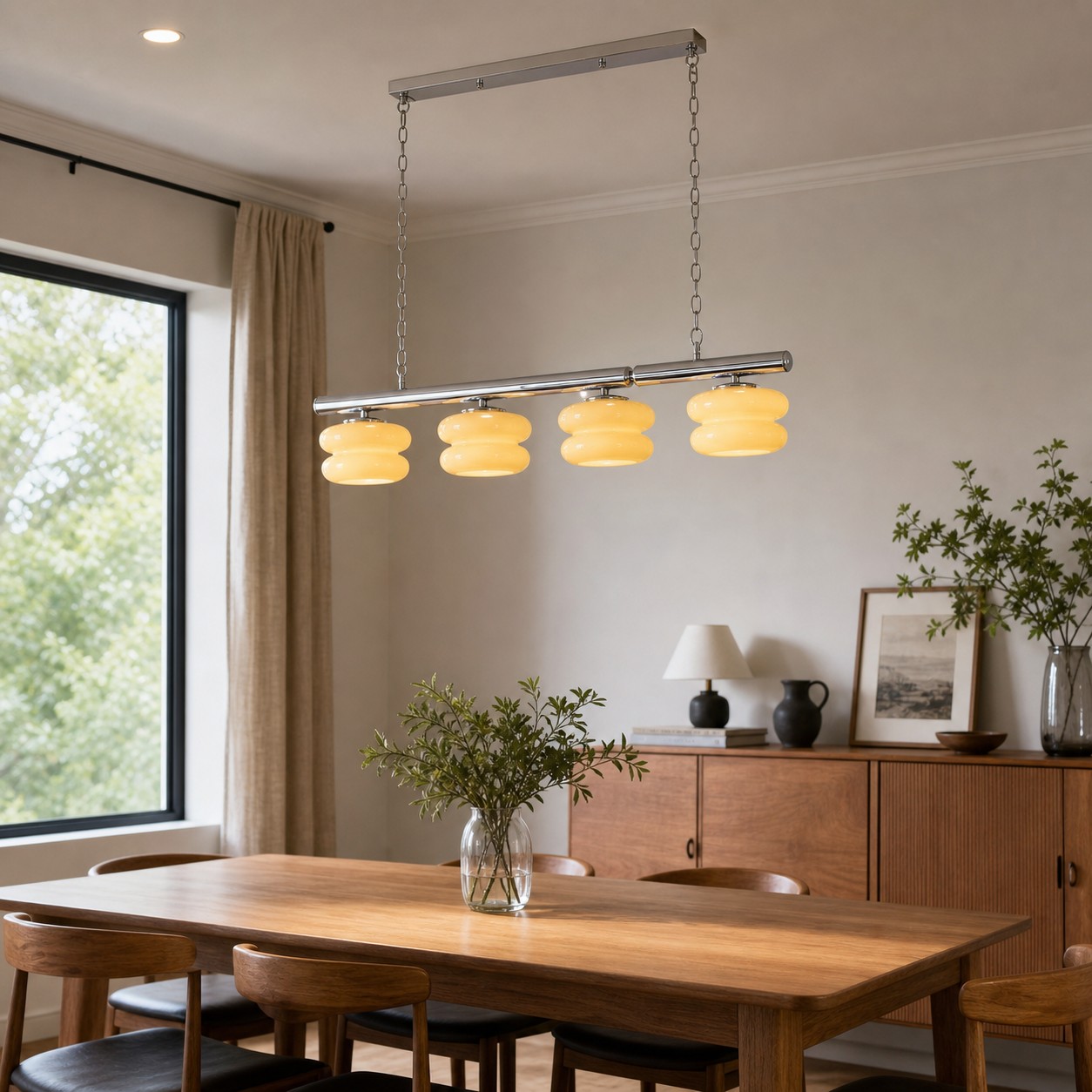 A long, balanced silhouette for wood tables, quiet interiors, and modern apartment dining spaces.