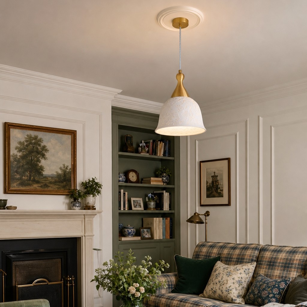 White pendant chandelier over a warm living room scene
