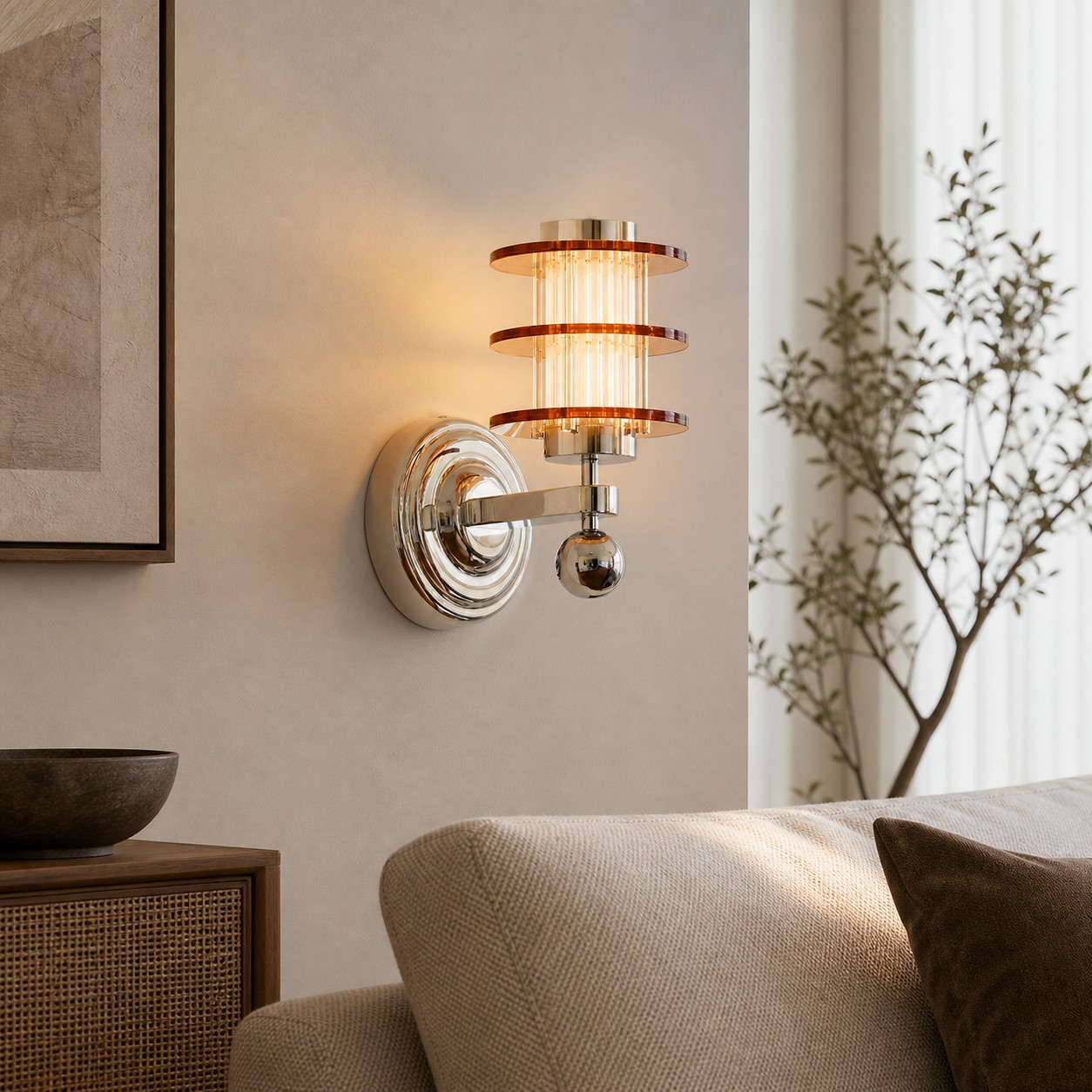 Aplique de pared LED Bauhaus instalado junto a un sofá