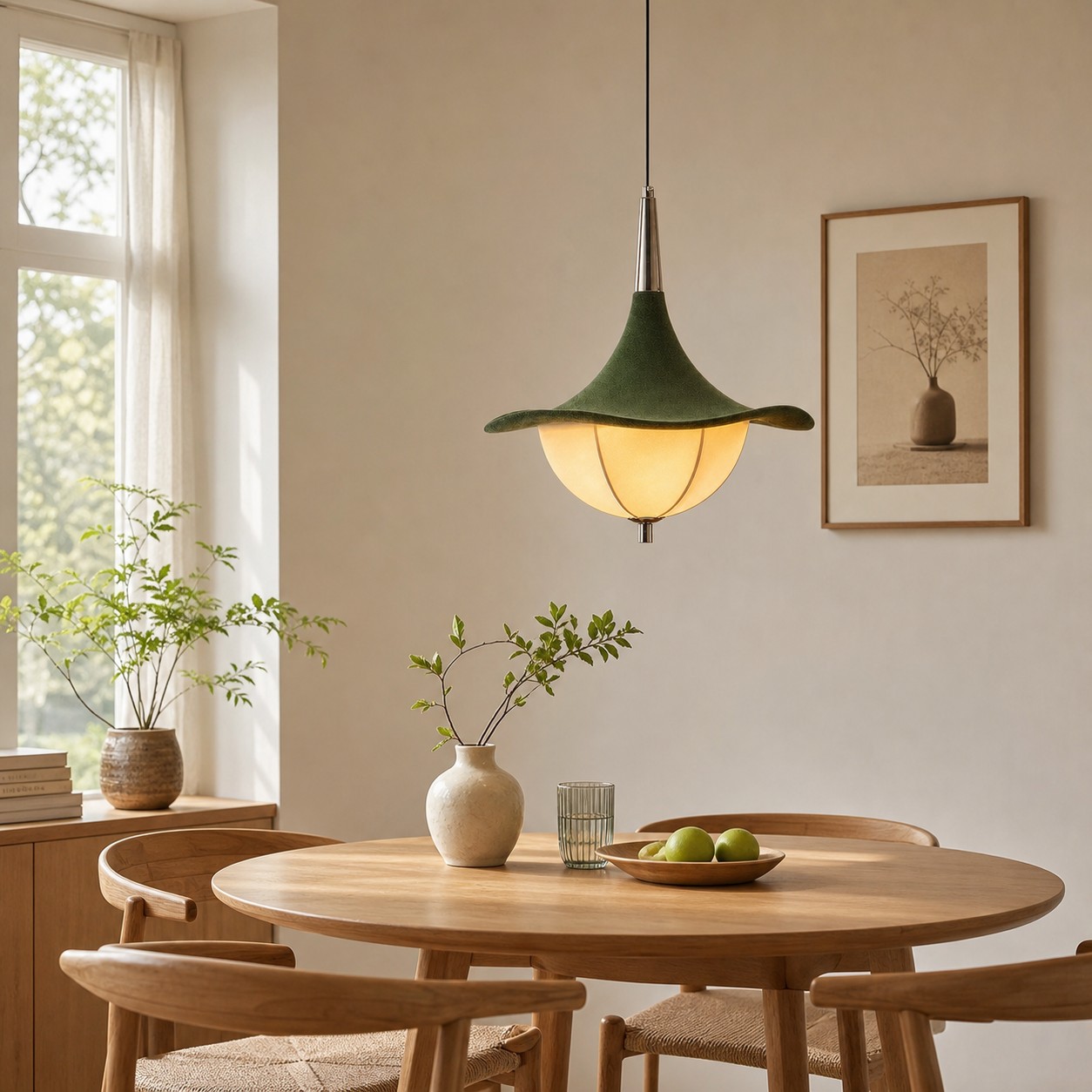 Green fabric pendant lamp in dining room scene