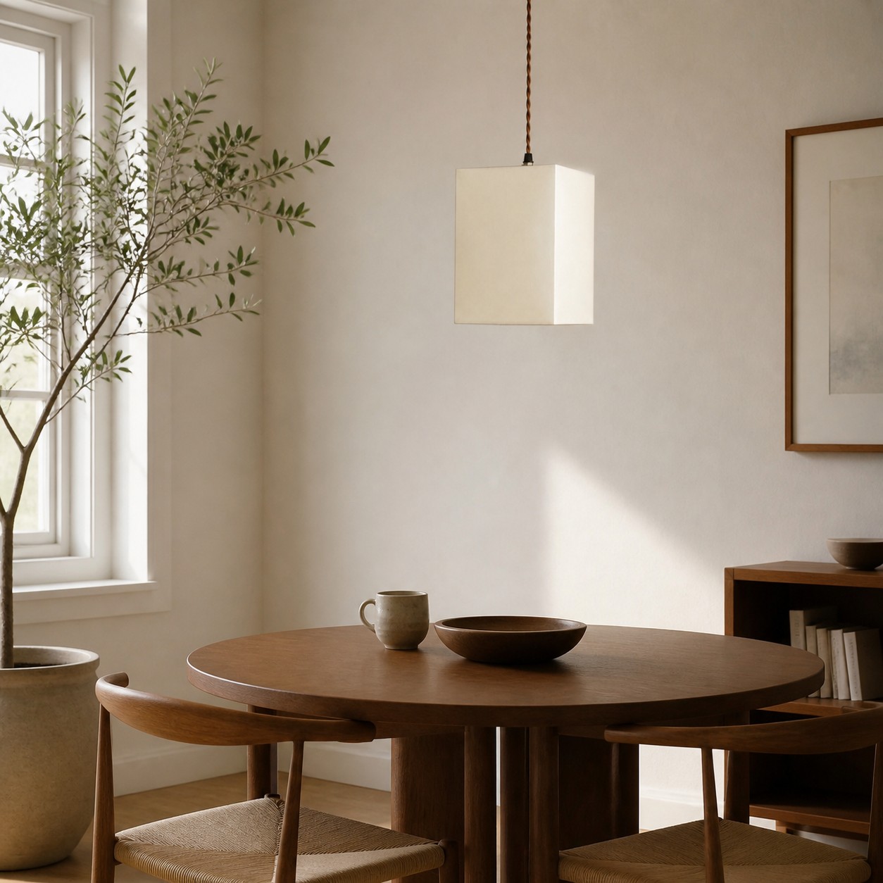 square fabric pendant lamp installed beside a dining table