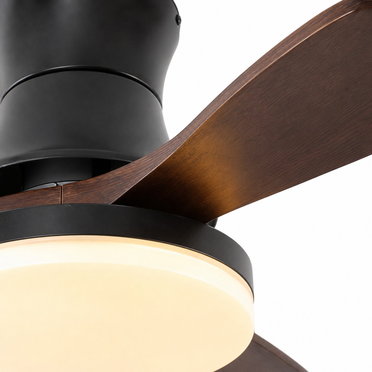 Close view of the black metal canopy and curved wood-look blade