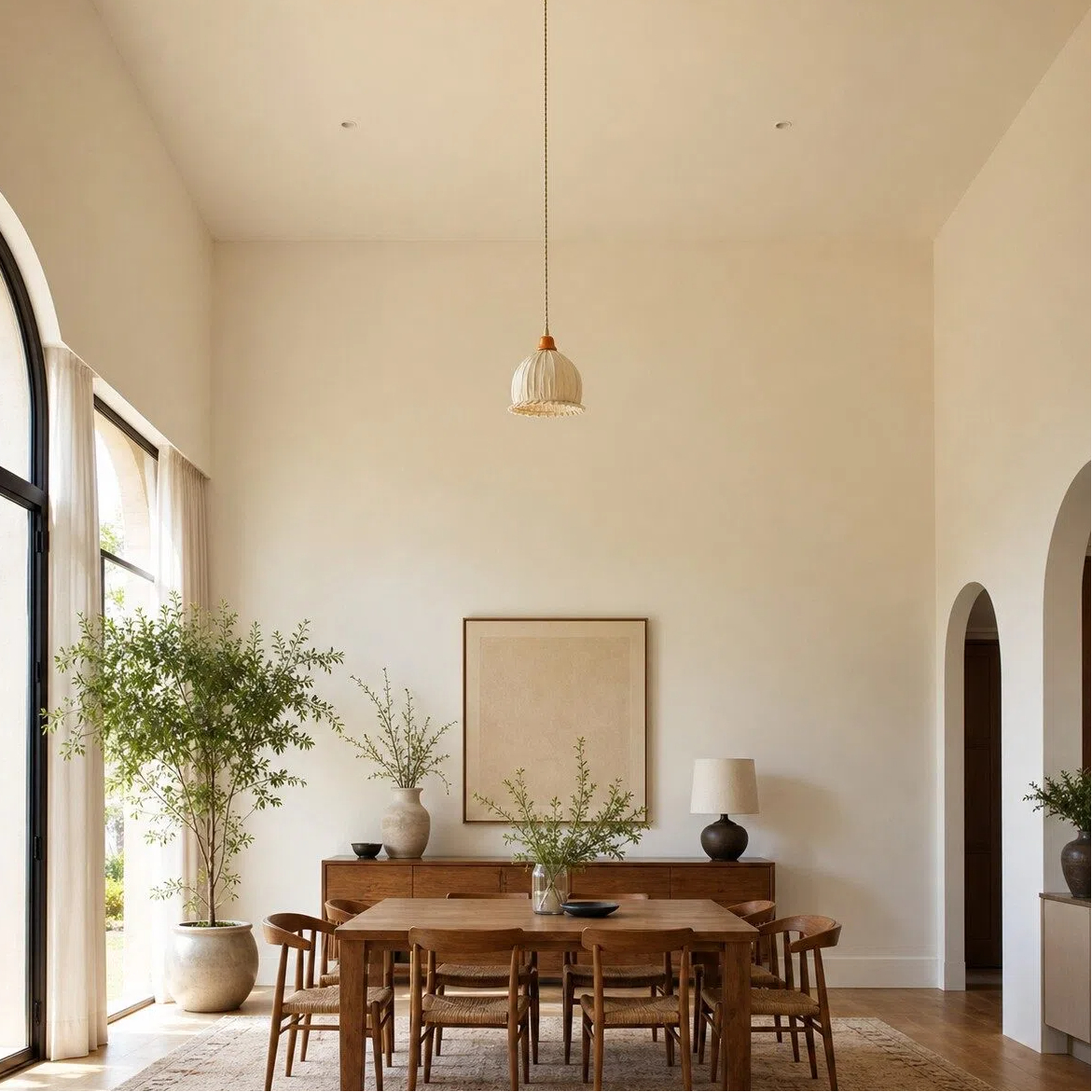 Ivory fabric pendant above a dining table