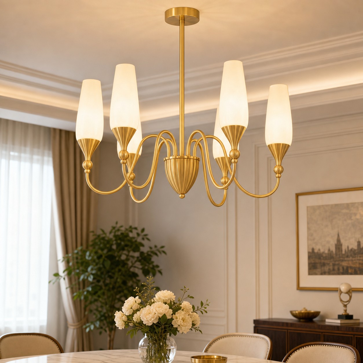 Copper and glass chandelier installed above a dining table