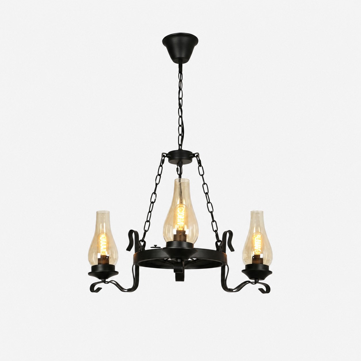 Three-light black iron chandelier with clear hurricane glass shades