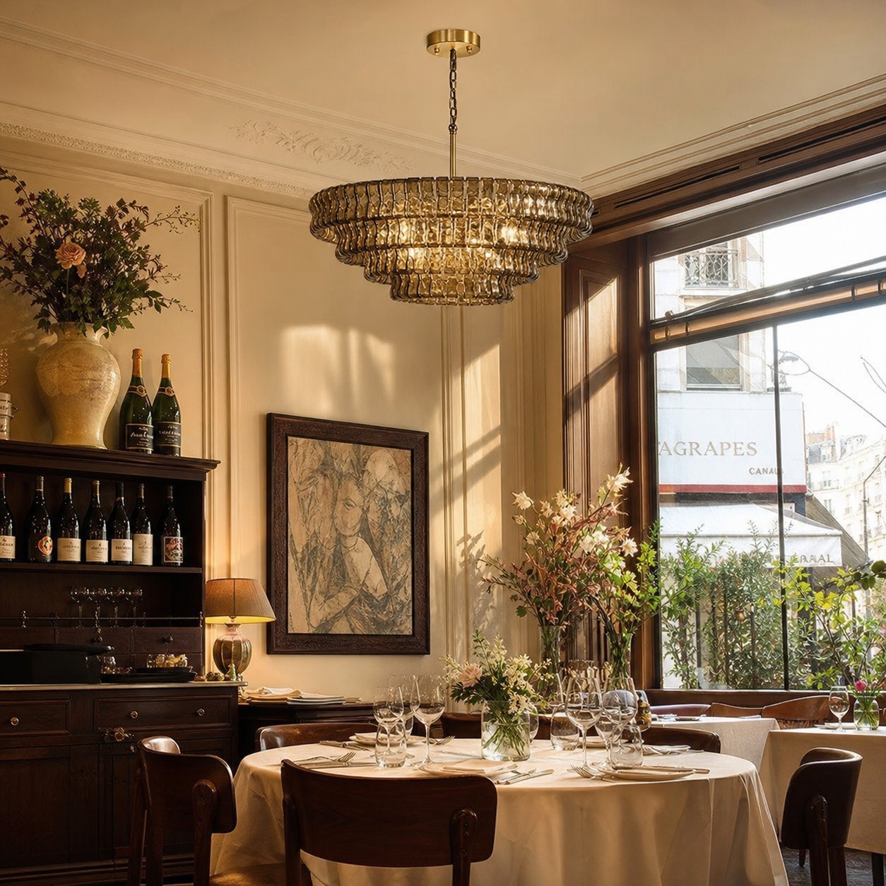 Ripple glass chandelier installed above a dining table
