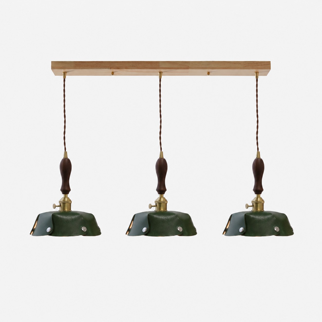 3-Light Linear Pendant Deep Green Leather Bar 60 cm / 23.6 in; Shade Dia. 20 cm / 7.9 in
