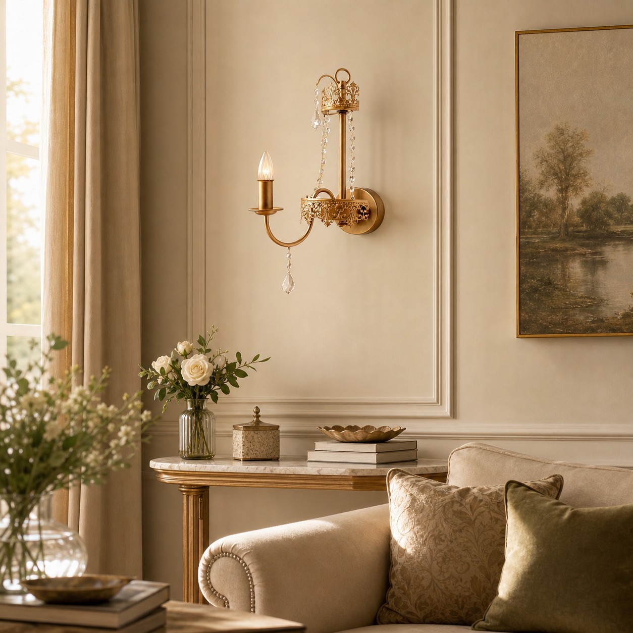 French crystal candle wall sconce beside a classic living room window