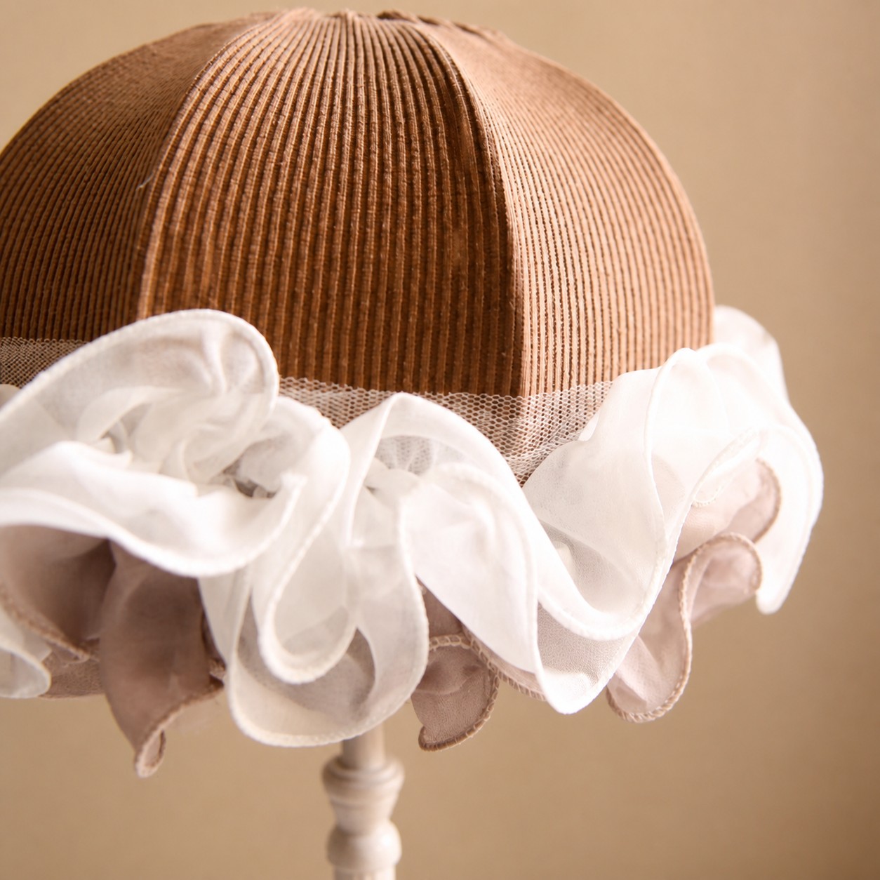 Brown ribbed cloth shade and sheer ruffle detail on French vintage table lamp