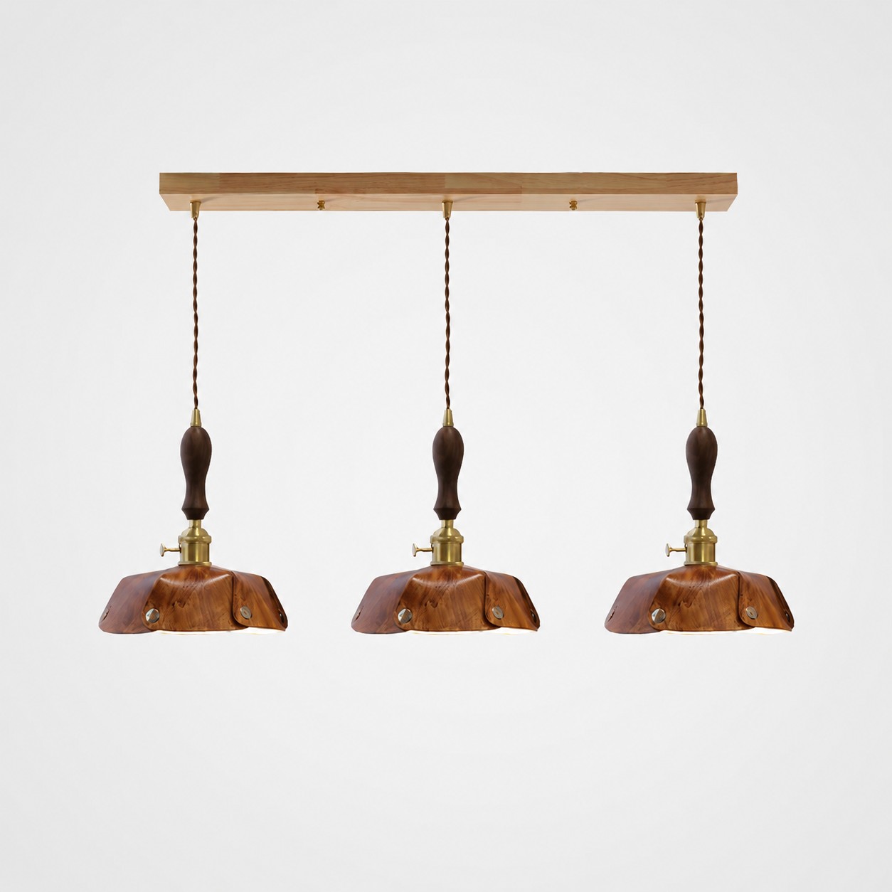 3-Light Linear Pendant Vintage Brown Leather Bar 75 cm / 29.5 in; Shade Dia. 25 cm / 9.8 in