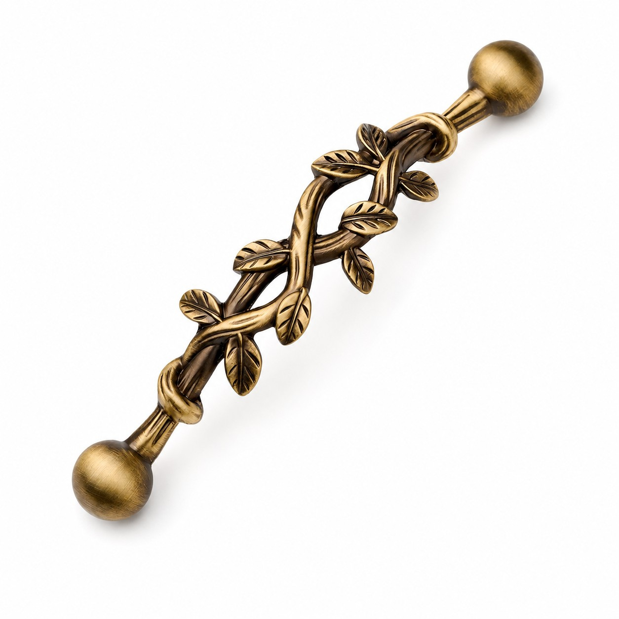 Antique brass leaf cabinet pull on a white background