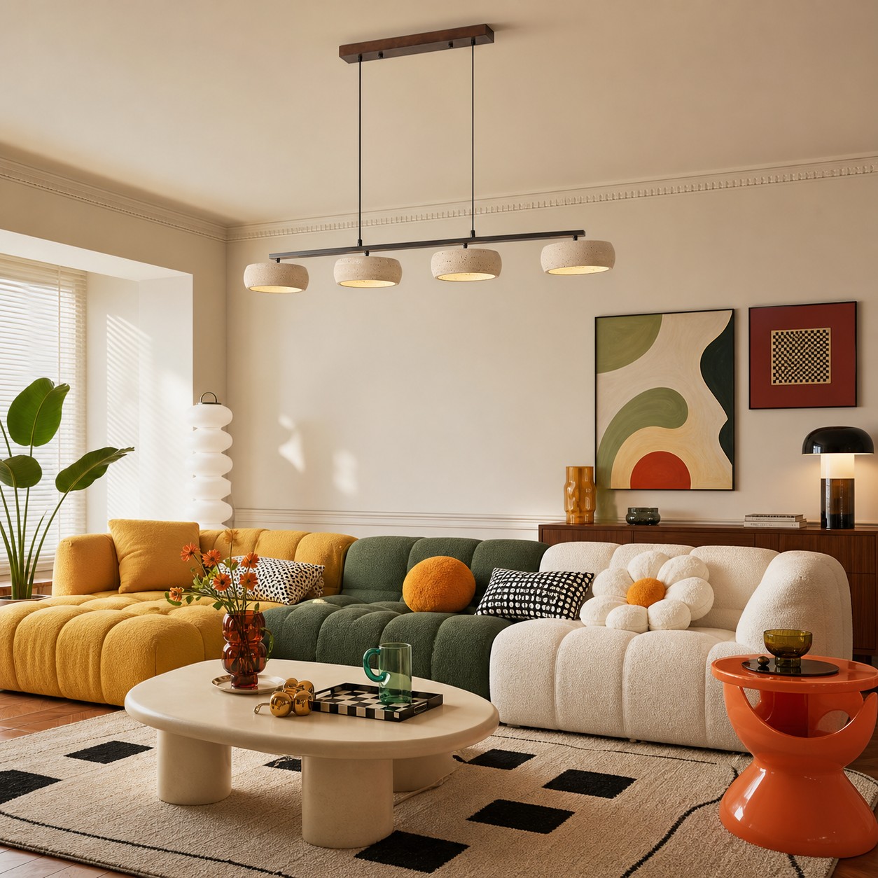 Colorful modern room with linear pendant proportion