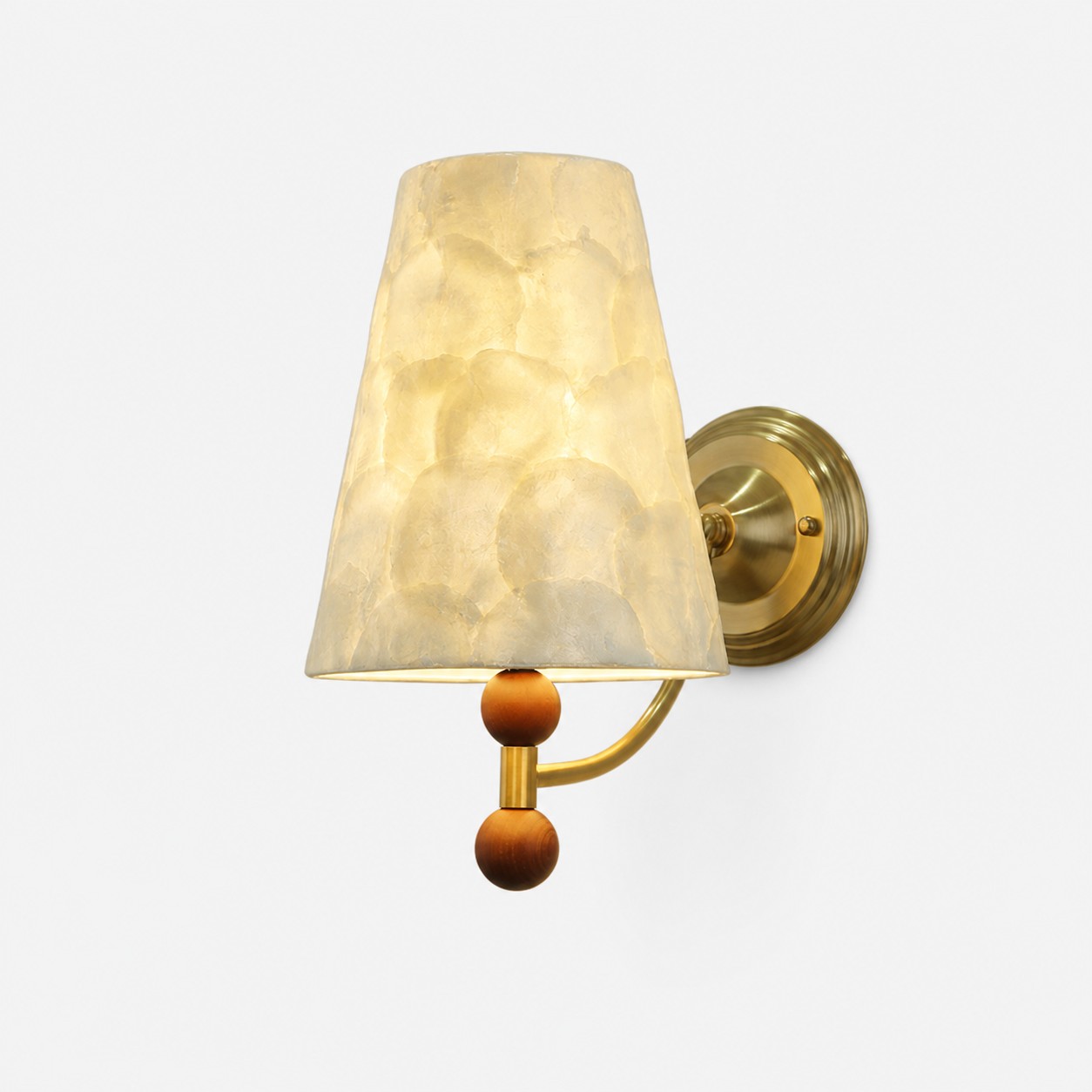 Capiz shell LED wall sconce with brass-tone frame and wood accents