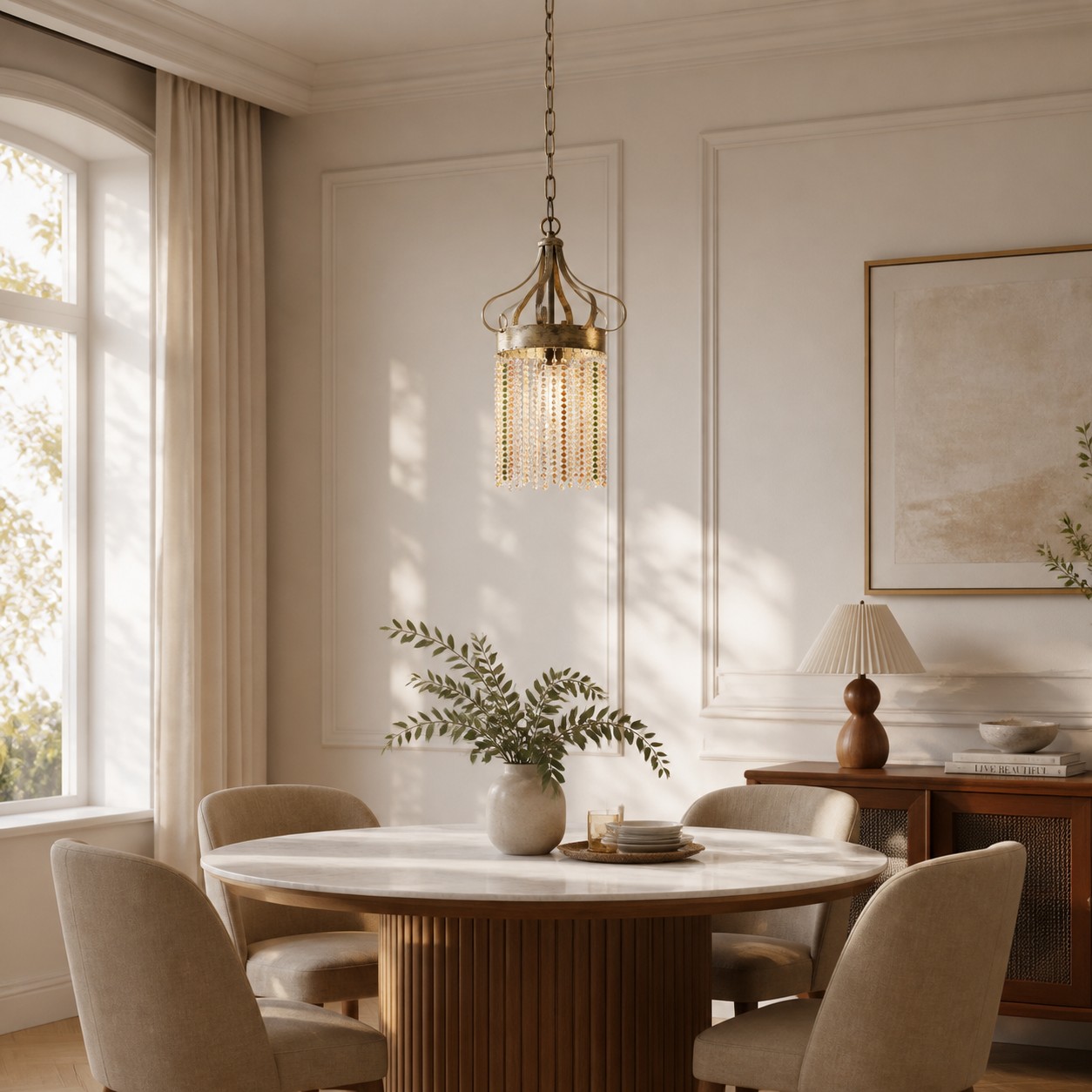 Lámpara colgante de cristal multicolor en latón antiguo en un comedor luminoso