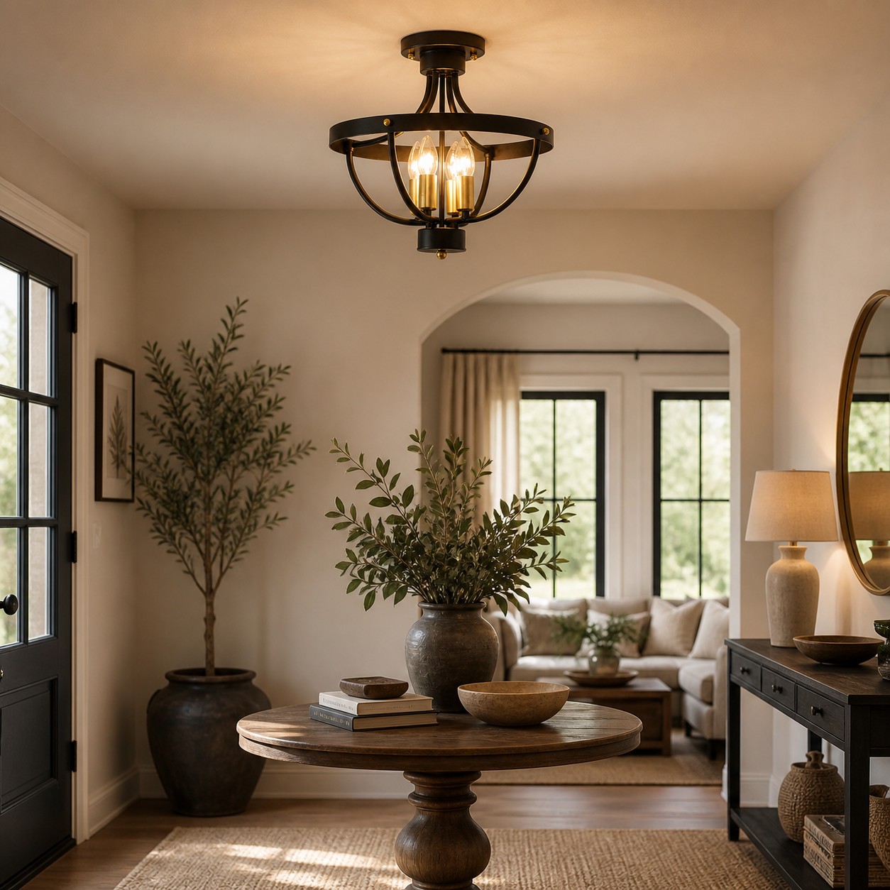 Lampadario da soffitto in stile rustico vintage installato in un accogliente soggiorno.