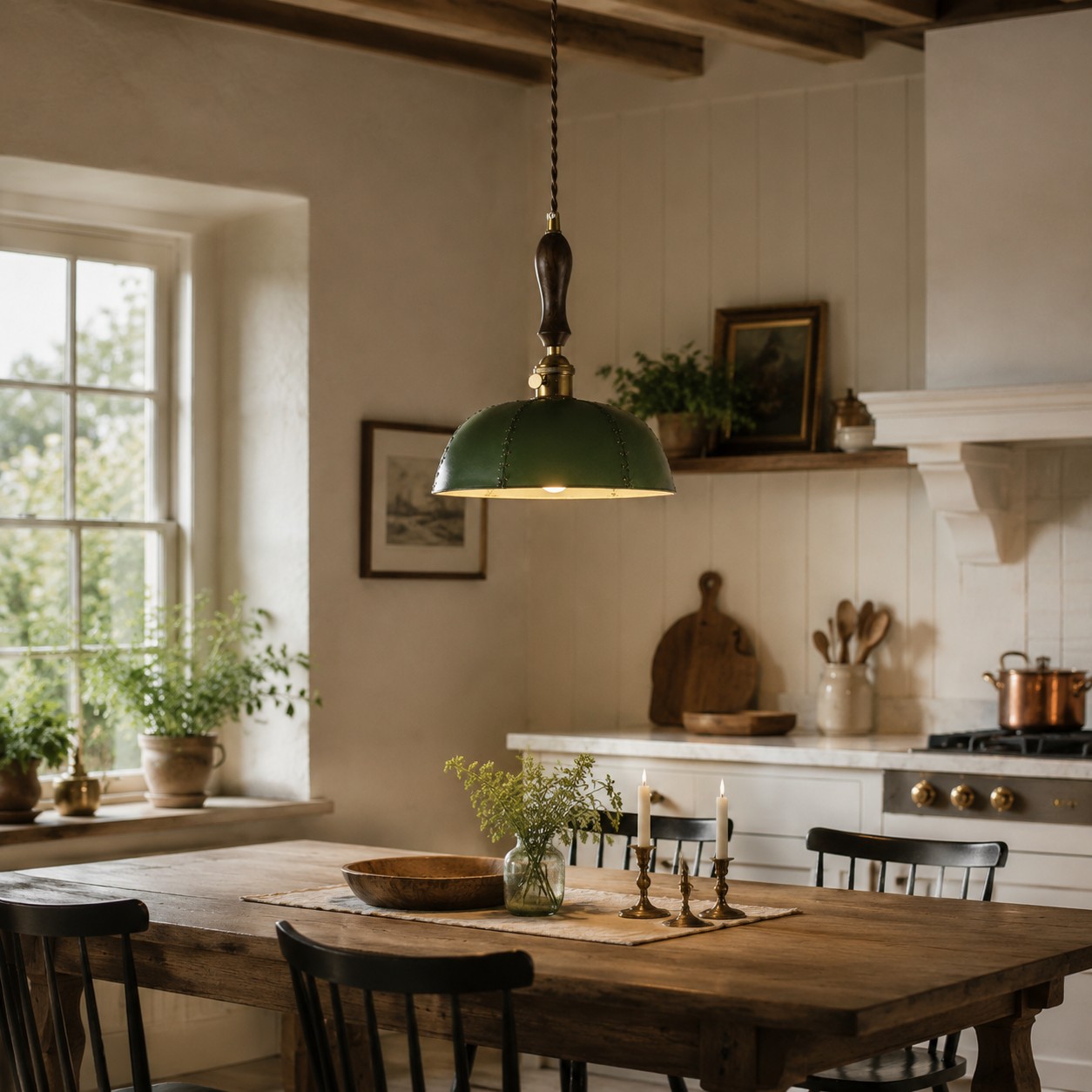A warm focal point for rooms with wood, leather, and aged metal