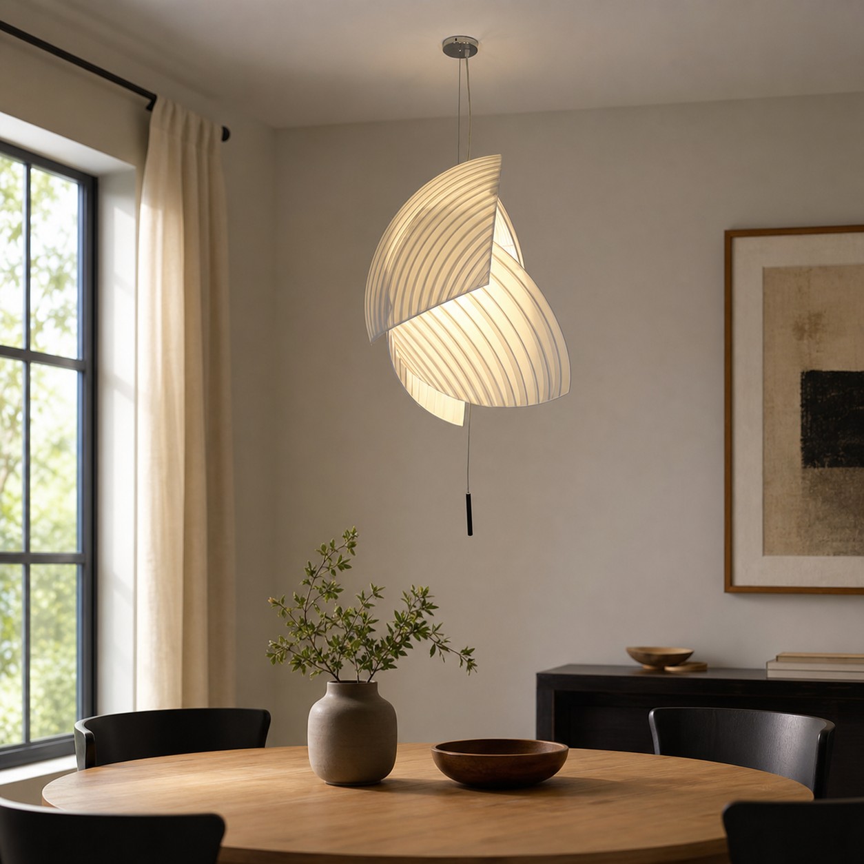 Pleated pendant light above dining table