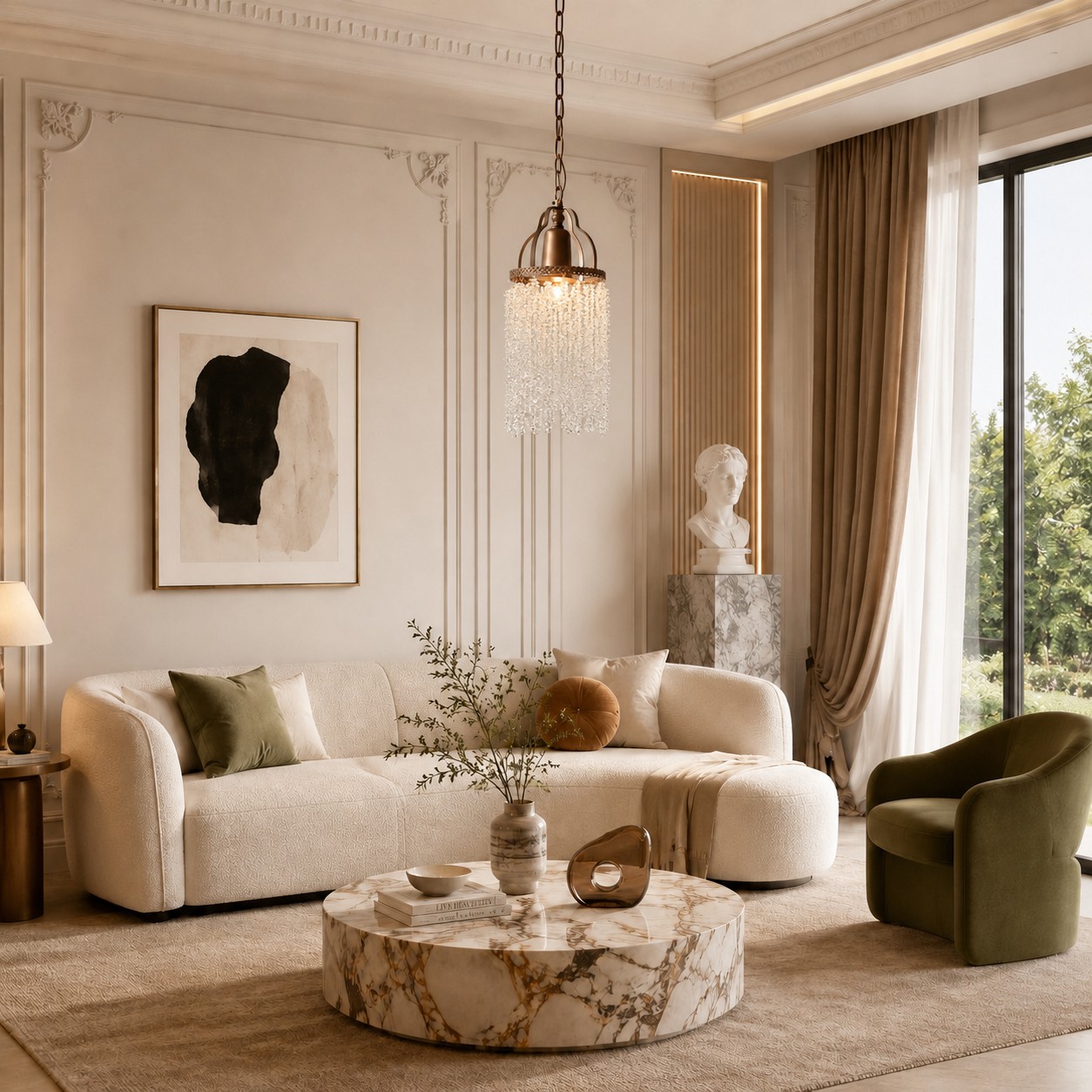 Lampadario vintage con frange di cristallo in un elegante soggiorno.