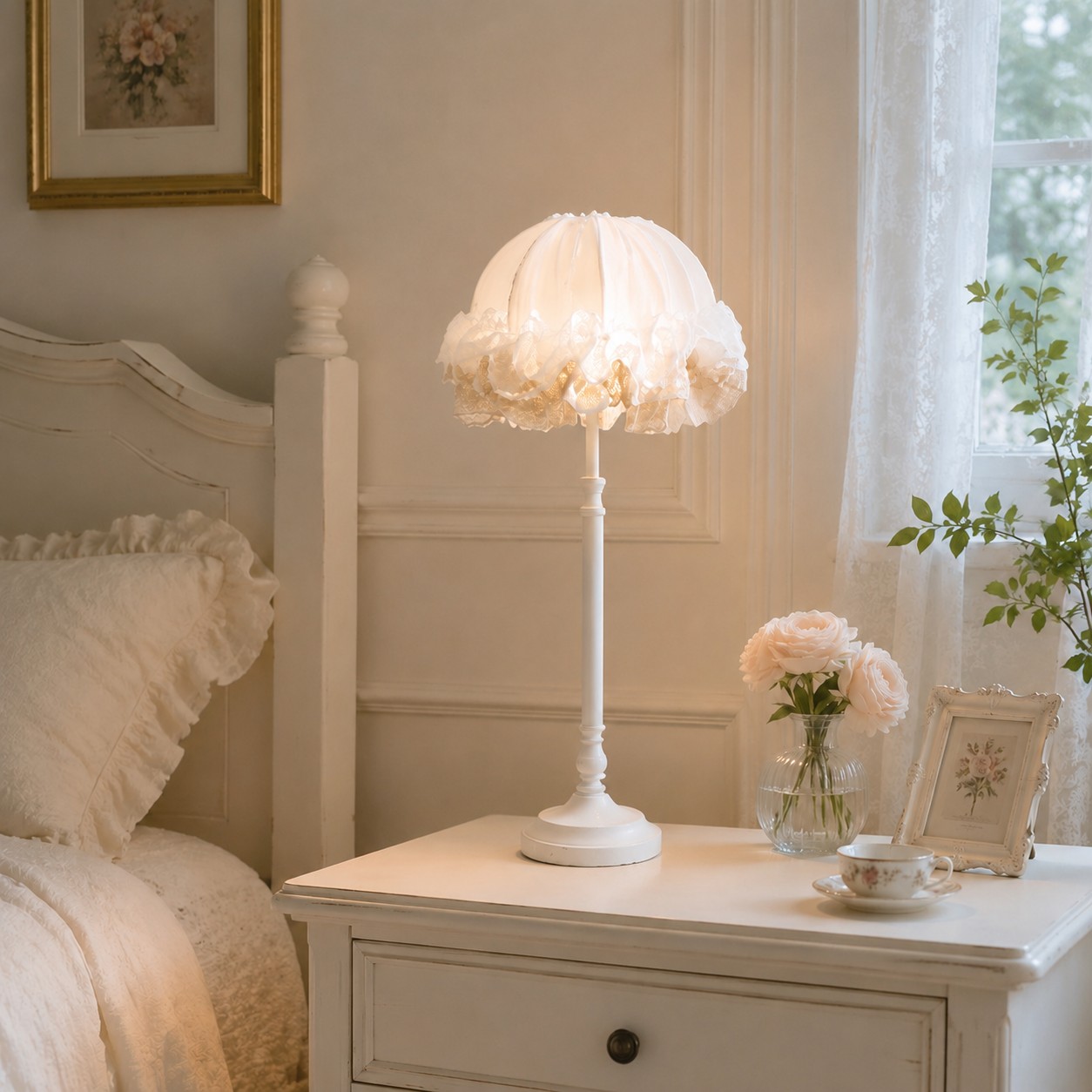 White ruffled table lamp glowing on a bedside cabinet in a bright bedroom