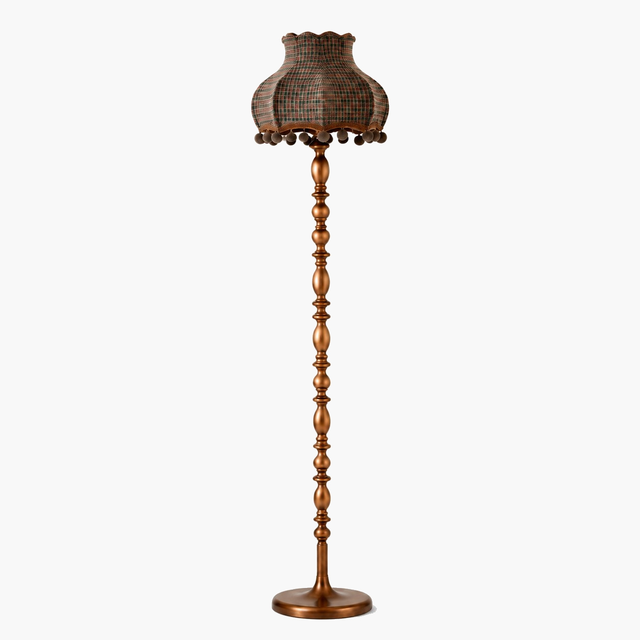 Vue complète d'un lampadaire vintage avec abat-jour en tissu à carreaux fins bleus et orange.
