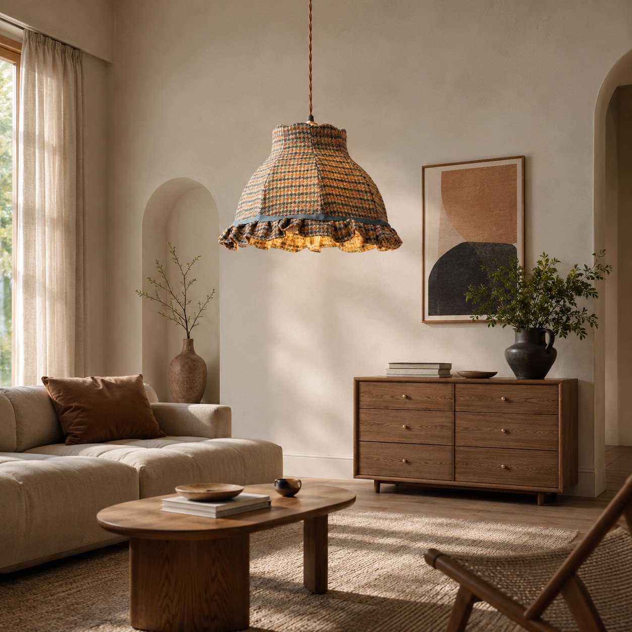 Vintage French Plaid Tweed Fabric Pendant Light