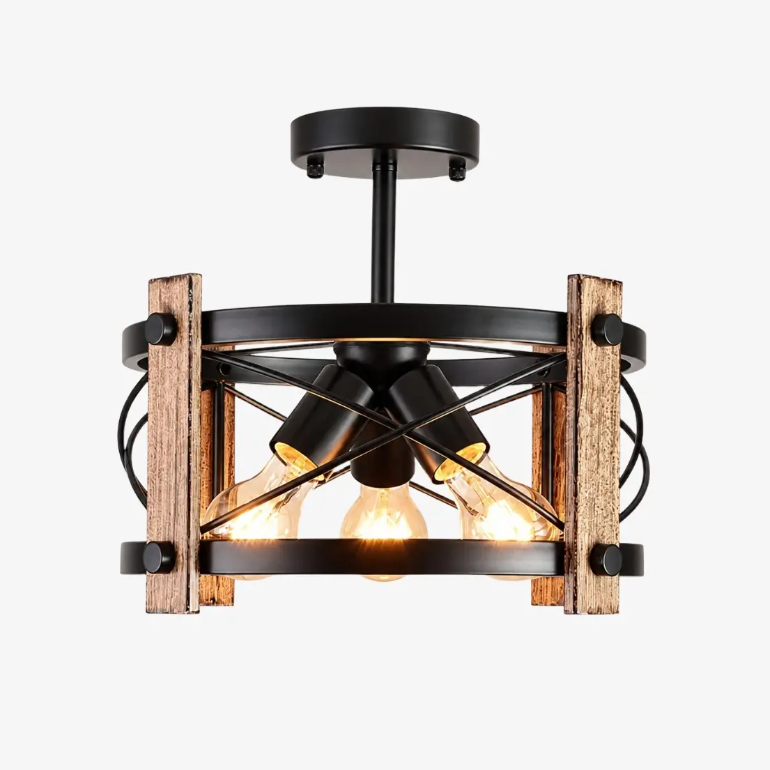 Plafonnier rustique à trois lumières noir mat et imitation bois, style ferme