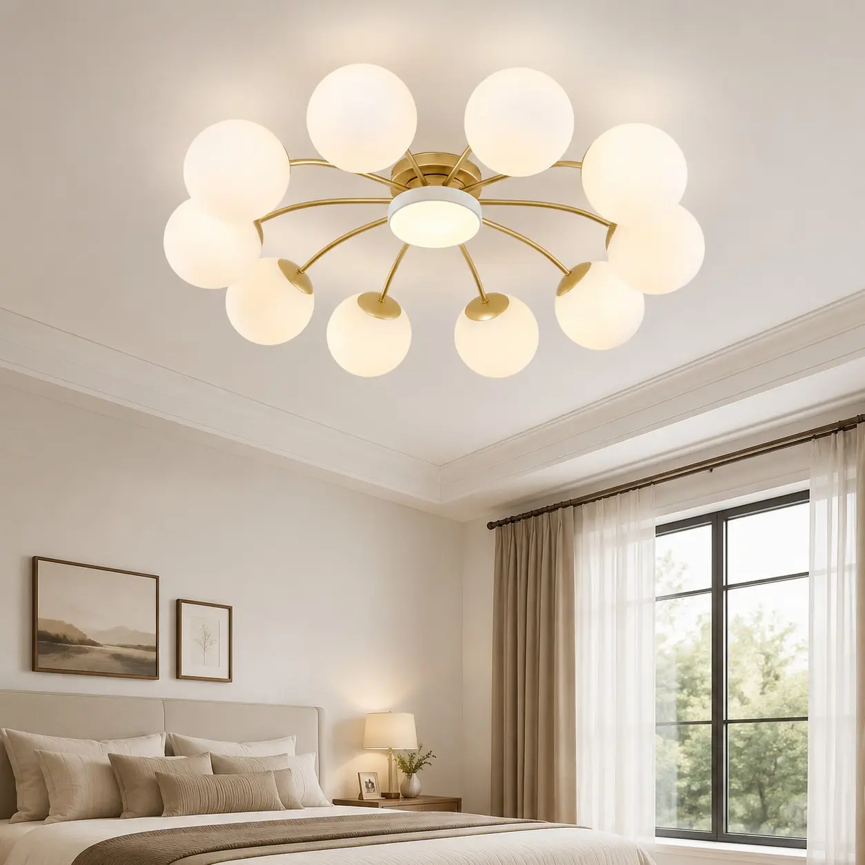Lampadario a soffitto in vetro opalino in una camera da letto luminosa