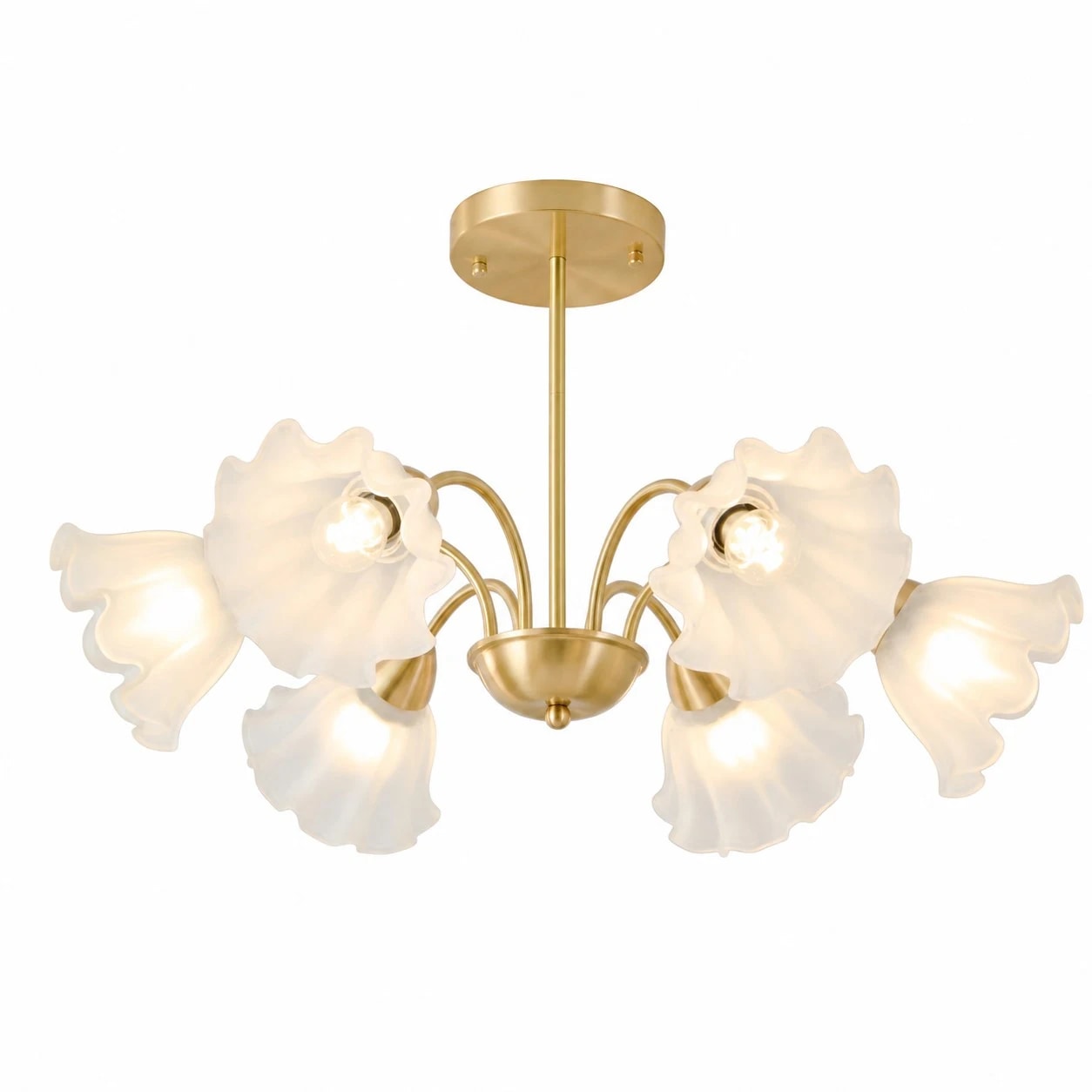 Lampadario a sei bracci in ottone massiccio con decorazioni floreali in vetro.