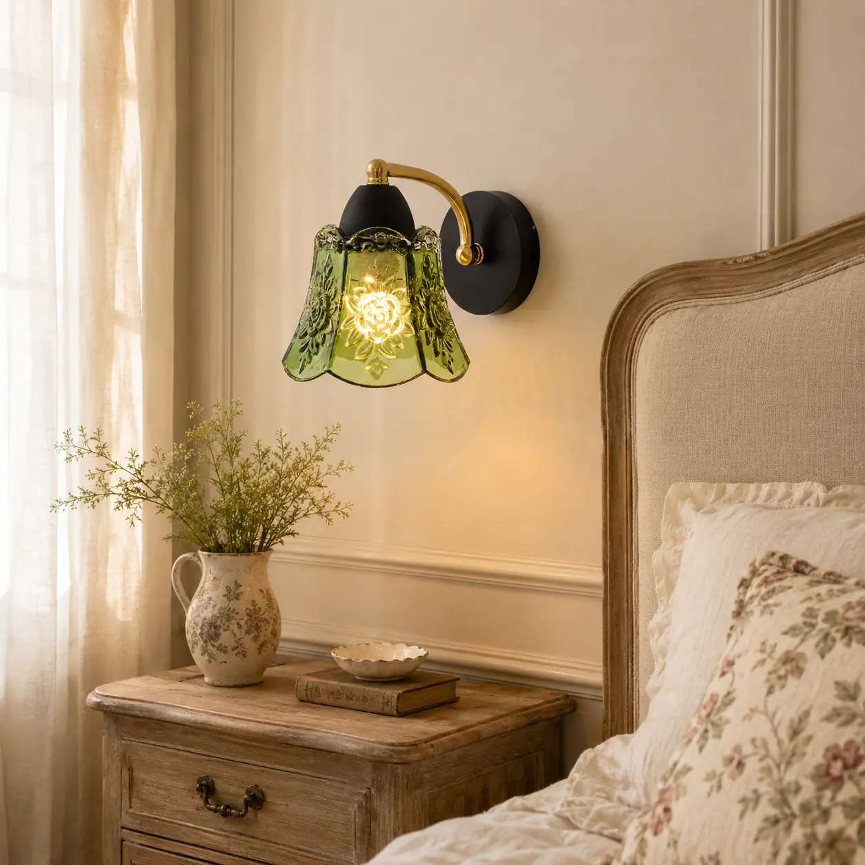 Applique murale vintage en verre vert dans une chambre de style campagne française