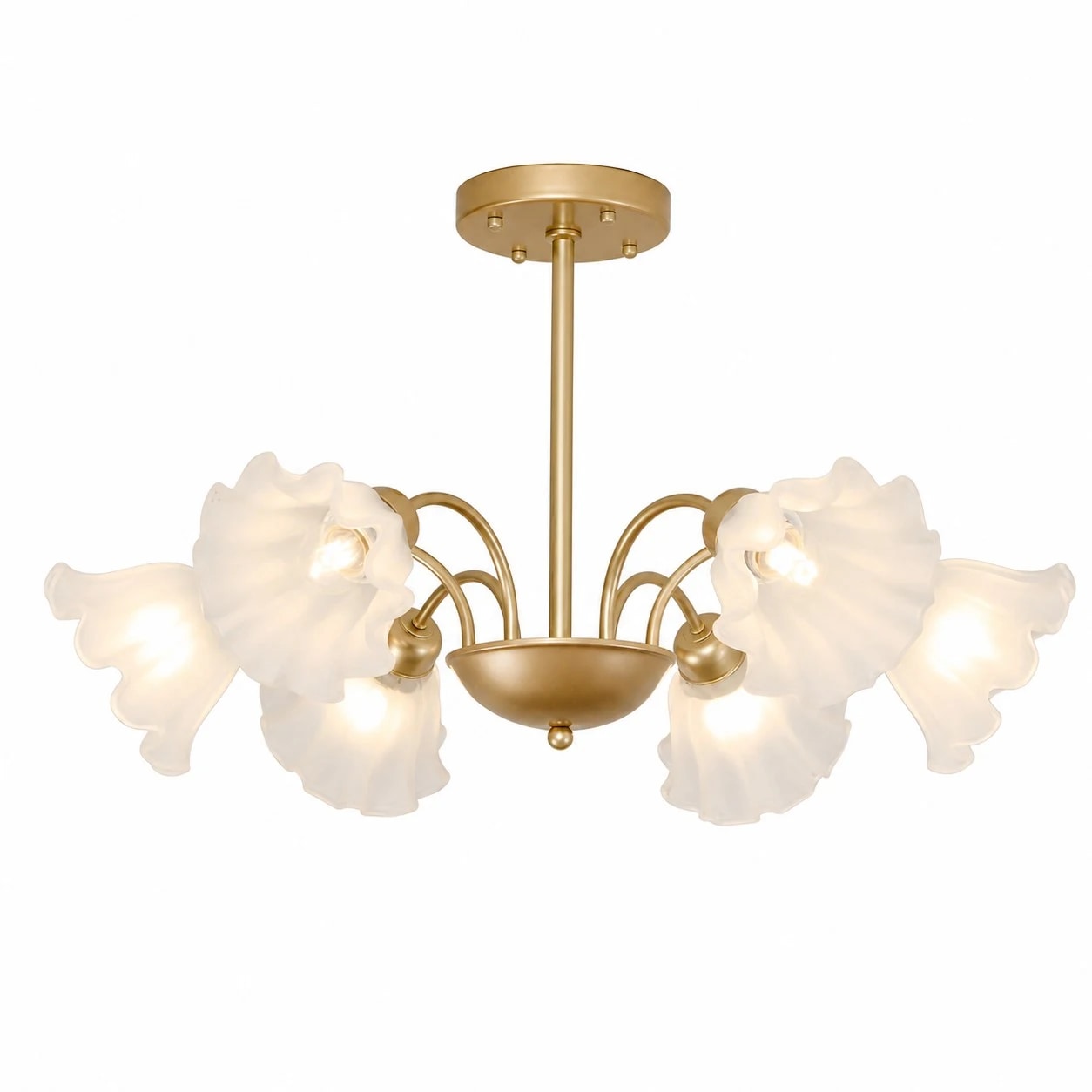 Lampadario in ferro a 6 bracci con decorazioni floreali in vetro.