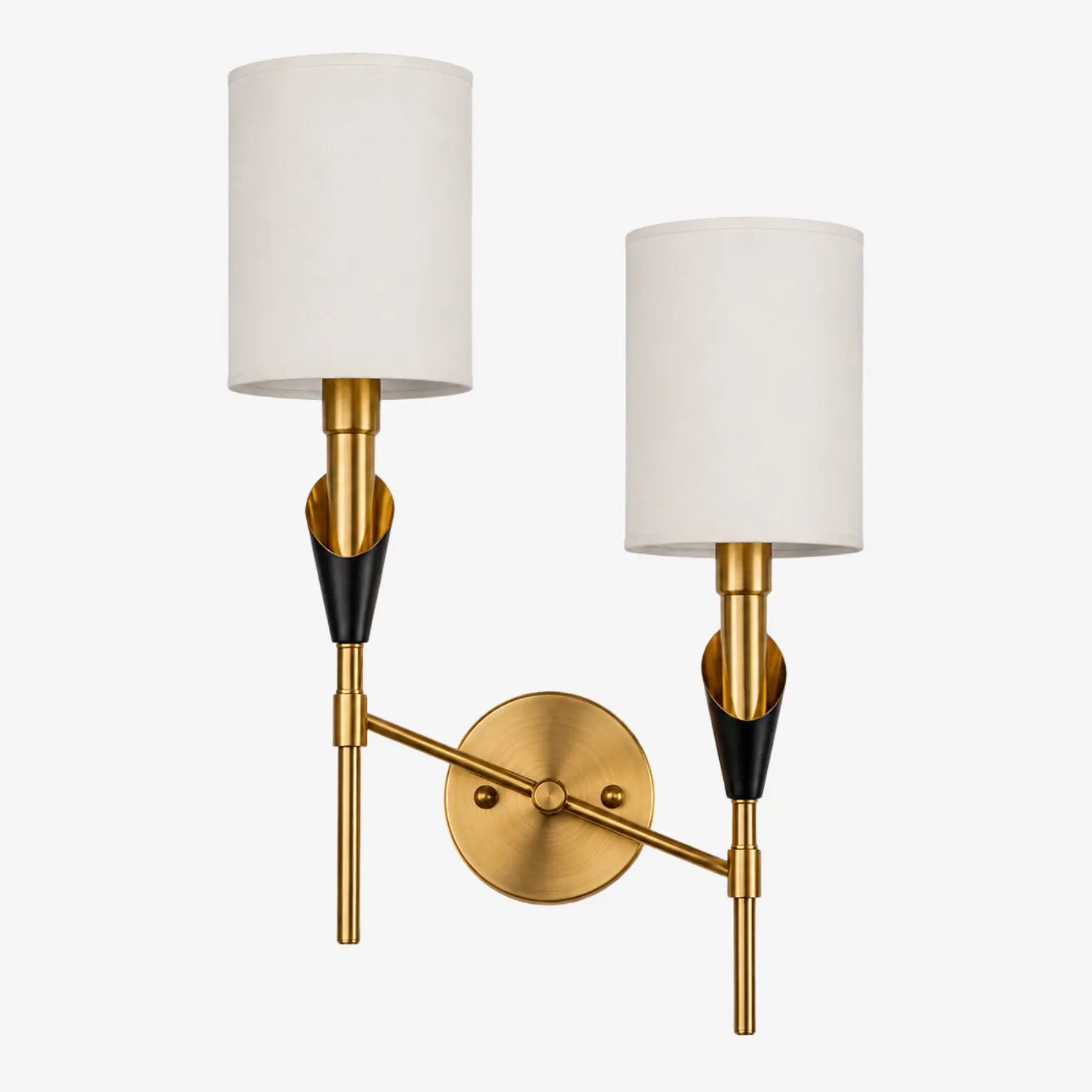 Antique brass angled double-head wall lamp with fabric shades
