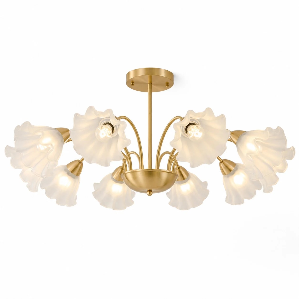 Lampadario floreale in ottone massiccio a 10 bracci con decorazioni in vetro.